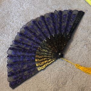 Black and Gold Lace Fan with Purple Accents